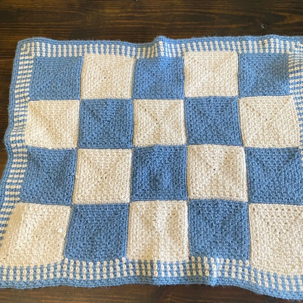 Vintage Handmade‎ Crochet Baby Blanket Blue Cream Checkered Super Soft 40x32